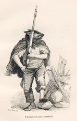 Lobo en centinela. Viñetas ilustradas por JJ Granville. Grabado firmado por Andrew, Best y Leloir en la parte titulada "Viaje de un gorrión de París" escrito por George Sand en "Escenas de la vida privada y pública de los animales". París, J. Hetzel y Paul