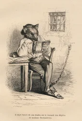 Lobo leyendo en una prisión. Viñetas ilustradas por JJ Granville. Grabado firmado Caque en la parte titulada "Corte criminal de justicia animal" escrito por Emile de La Bédollière en "Escenas de la vida privada y pública de los animales". París, J. Hetzel