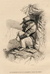 Lobo retirado en su soledad contemplativa. Viñetas ilustradas por JJ Granville. Grabado firmado Caque en la parte titulada "El oso o Carta escrita desde la montaña" escrito por L. Baude en "Escenas de la vida privada y pública de los animales". París, J. H