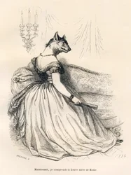 Loba sentada en un sillón. Viñetas ilustradas por JJ Granville. Grabado firmado Breviere en la parte titulada "Viaje de un gorrión de París" escrito por George Sand en "Escenas de la vida privada y pública de los animales". París, J. Hetzel y Paulin