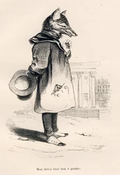 Mi héroe estaba listo para ser atrapado. Viñetas ilustradas por JJ Granville. Grabado firmado por Godard en la parte titulada "Un renard pris au piège" escrito por Charles Nodier en "Scènes de la vie privée et publique des animaux". París, J. Hetzel et Pau