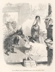 Ópera con un puercoespín, un perro y una garza en escena. Viñetas ilustradas por JJ Granville. Grabado firmado Godard en la parte titulada "El primer folletín de Pistolet" escrito por Jules Janin en "Escenas de la vida privada y pública de los animales"