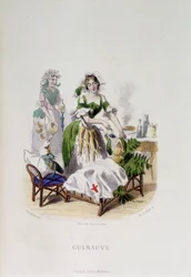 Personificación de la planta medicinal Malvavisco tratando una rana - en "Flores animadas" por Grandville