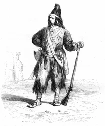 Retrato de Robinson Crusoe en su isla deserte con su fusil y sus armas variadas al cinto - ilustración Grandville de la novela de Daniel Defoe (De Foe) - edición Garnier 1869 p 155.