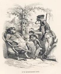 Zorro arrestado por un perro. Viñetas ilustradas por JJ Granville. Grabado firmado por Godard en la parte titulada "Un zorro atrapado en la trampa" escrito por Charles Nodier en "Escenas de la vida privada y pública de los animales". París, J. Hetzel y Pau