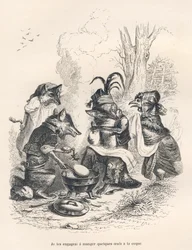 Zorros comiendo huevos a la coq frente a una gallina llorando. Viñetas ilustradas por JJ Granville. Grabado firmado por Godard en la parte titulada "Un zorro atrapado" escrito por Charles Nodier en "Escenas de la vida privada y pública de los animales". Pa