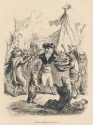 Revolución de los lobos y libertad y derecho del lobo. Viñetas ilustradas por JJ Granville. Grabado firmado por Godard en la parte titulada "Viaje de un gorrión de París" escrito por George Sand en "Escenas de la vida privada y pública de los animales". Pa