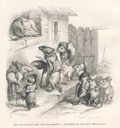 Ratón haciendo caridad a un cerdo. Viñetas ilustradas por JJ Granville. Grabado firmado por Andrew, Best y Leloir en la parte titulada "El ratón filósofo" escrito por Edouard Lemoine en "Escenas de la vida privada y pública de los animales". París, J. Hetz