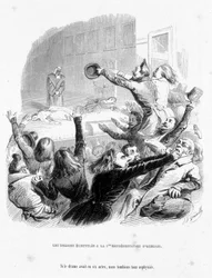 Los romanos tienen la primera representación de Hernani por Victor Hugo (1830). Caricatura en 