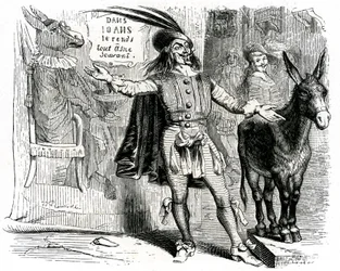 El charlatán: Fábula de La Fontaine ilustrada por Grandville. Edición Garnier 1860. Este patrón se lo pone difícil a todo burro científico.