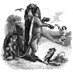 El león y la rata: Fábula de La Fontaine ilustrada por Grandville.