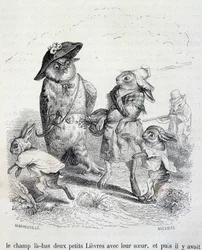 Las dos liebres pequeñas, su hermana y el búho - por Grandville