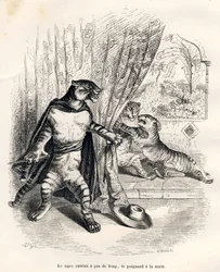 Tigre entrando en escena con el puñal en la mano. Viñetas ilustradas por JJ Granville. Grabado firmado por Godard en la parte titulada "Le premier feuilleton de Pistolet" escrito por Jules Janin en "Scènes de la vie privée et publique des animaux". París, 