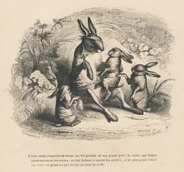 Tres niños conejos escuchando a su abuelo herido contar historias. Viñetas ilustradas por JJ Granville. Grabado firmado por Breviere en la parte "Historia de una liebre" escrito por PJ Stahl en "Escenas de la vida privada y pública de los animales". París