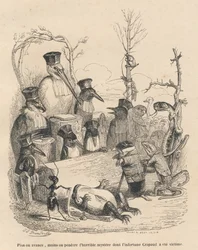 Tribunal compuesto por una cigüeña y otros pájaros, un topo y un lagarto, para desenmascarar al culpable del asesinato del sapo. Viñetas ilustradas por J. J. Granville. Grabado firmado por Andrew, Best y Leloir en la sección titulada „Cour criminelle de