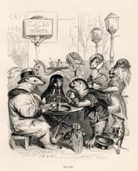 Un café frecuentado por animales de todos los géneros. Viñetas ilustradas por JJ Granville. Grabado firmado por Godard en la parte titulada "Viaje de un león de África a París" escrito por Honoré de Balzac en "Escenas de la vida privada y pública de los an