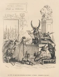 Votos de matrimonio de insectos. Viñetas ilustradas por JJ Granville. Grabado firmado por Godard en la parte titulada "Las aventuras de una mariposa" escrito por PJ Stahl en "Escenas de la vida privada y pública de los animales". París, J. Hetzel y Paulin