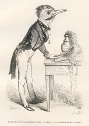 Vas a ser un gran sabio, y yo lo anunciaré al mundo. Viñetas ilustradas por JJ Granville. Grabado firmado por Tamisier en la parte titulada "Guía para animales que quieren alcanzar honores" escrito por Honoré de Balzac en "Escenas de la vida privada y públ