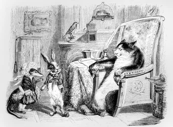 El gato, la comadreja y el conejito, ilustración para las Fábulas de La Fontaine (1621-95), publicada por H. Fournier Aîné, 1838