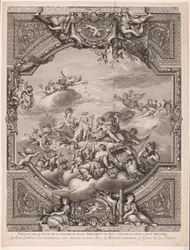 Apolo reparte recompensas y Minerva corona al genio de Francia Apollon distirbuë des recompenses aux Sciences et aux Arts, et Minerve couronne le Genie de la France (título sobre el objeto) Pinturas en el techo del Palacio de Versalles (título de la serie)