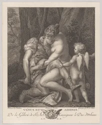 Venus llorando a Adonis, sentada bajo un árbol y abrazándolo, con Cupido a la derecha