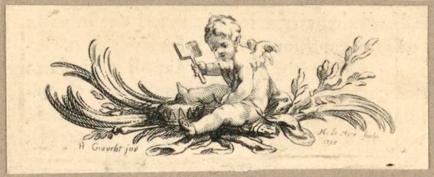Colofón, putto con pala