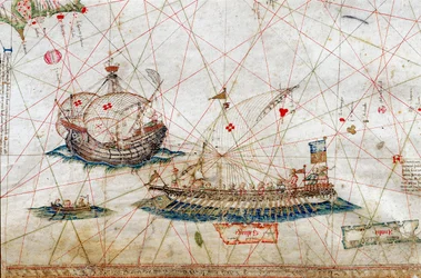 Detalle de barcos de mástil alto del Mapa Náutico de Grazioso Benincasa (Rot.3), en la Biblioteca Universitaria de Bolonia.
