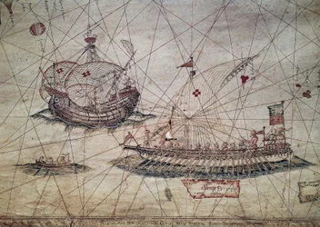 Galera y carabela portuguesa, detalle de la carta náutica del Mediterráneo