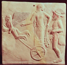 Afrodita y Hermes en un carro tirado por Eros y Psique, 470 a. C.