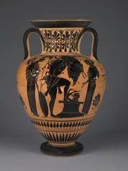 Ánfora ática de figuras negras con Heracles llevando el jabalí de Erimanto, c.510 a.C.