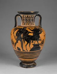 Ánfora ática de figuras negras con Heracles y centauro, c.480-60 a.C. (terracota)