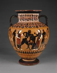 Ánfora de cuello ático de figuras negras con Teseo matando al Minotauro, c.550 a.C. (terracota)