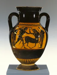 Ánfora ática de figuras negras tipo B con Heracles atacando al centauro, 530-20 a.C. (terracota)