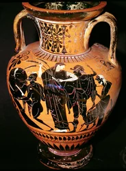 Ática, vaso de figuras negras que representa a Synthos, Deméter, Hermes y el barquero, c.535-540 a.C.