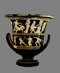 Cáliz-crátera de figuras rojas áticas decorado con escenas de las aventuras de Teseo, por el Pintor Dinos, c.425