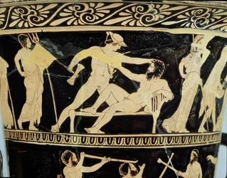 Cáliz-crátera de figuras rojas áticas decorado con escenas de las aventuras de Teseo, detalle de Teseo y el gigante Procrustes (detalle)