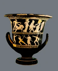 Cáliz-krater de figuras rojas ático que representa (arriba) las hazañas de Teseo y (abajo) los sátiros Sikinnis, Komos y Simos encendiendo antorchas con carbones que Prometeo lleva en un tallo de hinojo, c.420 a.C.