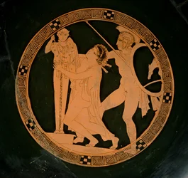 Copa de figuras rojas del Ático que representa a Casandra perseguida por Áyax buscando refugio junto a un xoanon de Atenea, c.430 a.C.