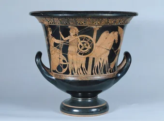 Ática kalyx krater de figuras rojas que representa a un hoplita partiendo para la guerra
