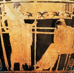 Skyphos ático del pintor de Telémaco que representa a Penélope y Telémaco