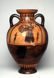 Vaso de figuras negras que representa a Atenea blandiendo un escudo y una lanza, 550 a.C. (cerámica)
