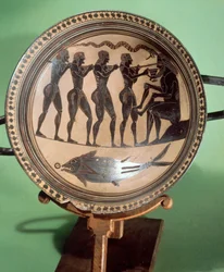 Copa mostrando a Ulises cegando a Polifemo, cerámica de figuras negras, Civilización Griega, siglo VI a.C.