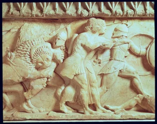 Detalle del friso norte del Tesoro de Siphnian que muestra dioses luchando contra gigantes