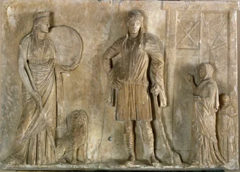 Divinidades frigias Cibeles y Atis, su hijo y amante. Relieve de mármol del siglo II a.C. Museo Arqueológico, Venecia