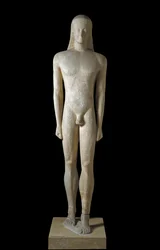 Arte griego: estatua de un kuros, escultura de un joven de la época arcaica (650-500 a. C.), 530-520 a. C. De Melos. Dimensiones: 1,94 m. Atenas, Museo Arqueológico Nacional