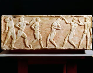 Civilización griega, estela que representa atletas en el gimnasio, de la necrópolis de Kerameikos en Atenas, Grecia, 510 a.C.
