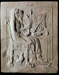Arte griego: tablilla votiva de terracota con Perséfone en el trono y Hades, procedente de Locros. 470 a. C. Regio de Calabria, Museo Nacional