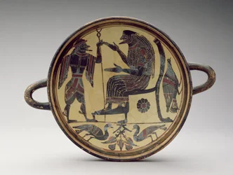 Copa Kylix laconiana que representa a Zeus y Hermes, c.550-530 a.C. (arcilla)