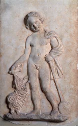 Magna Grecia: niño pequeño jugando, relieve de mármol, siglo V a.C.