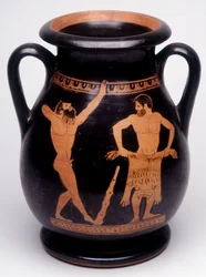 Pintura sobre vaso: Heracles (Hércules) se prepara para cubrirse con la piel del león, un atleta a su izquierda está calentando. 490 a. C. BNF, Gabinete de Medallas.